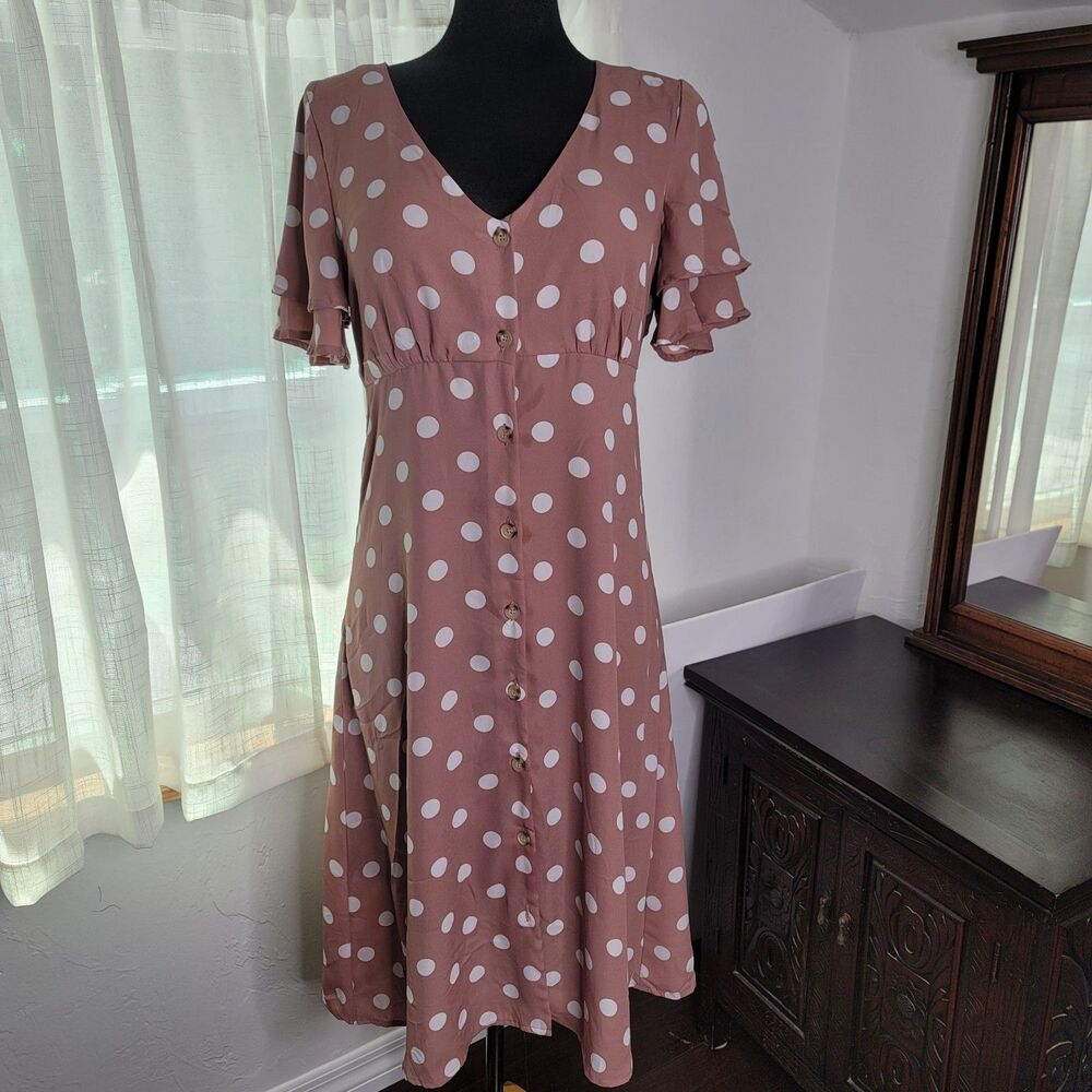 Lily Black Polka Dot Babydoll Midi Dress Size L Flutter Sleeve Mauve Pink